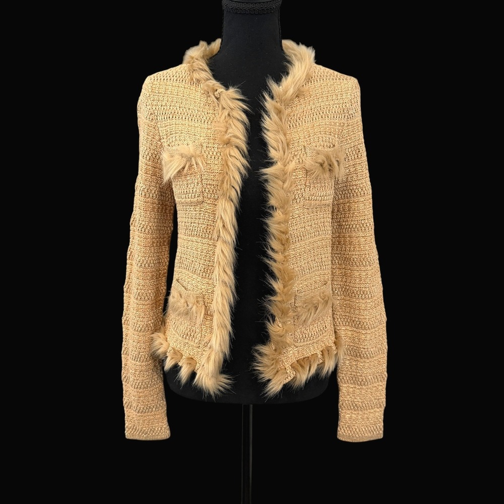 Lilly Pulitzer Preona Cardigan Sweater XS Tan Gold Metallic Faux Fur Old Money